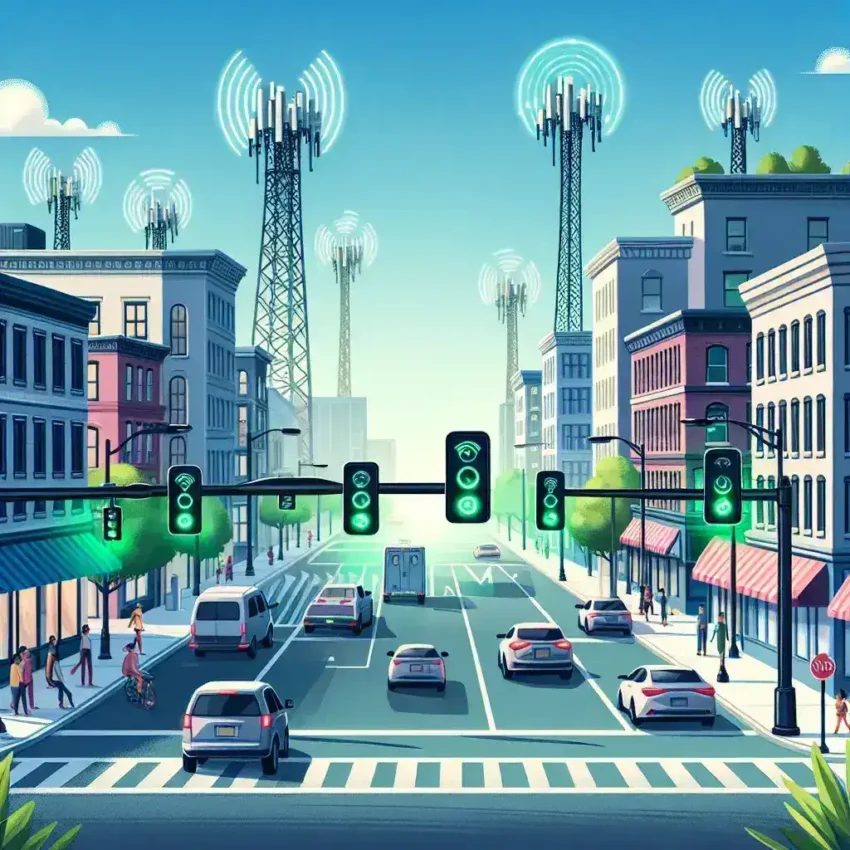 "Smart traffic light in New Jersey illuminated at night, connected to 5G technology, enhancing traffic flow and efficiency in urban areas."
