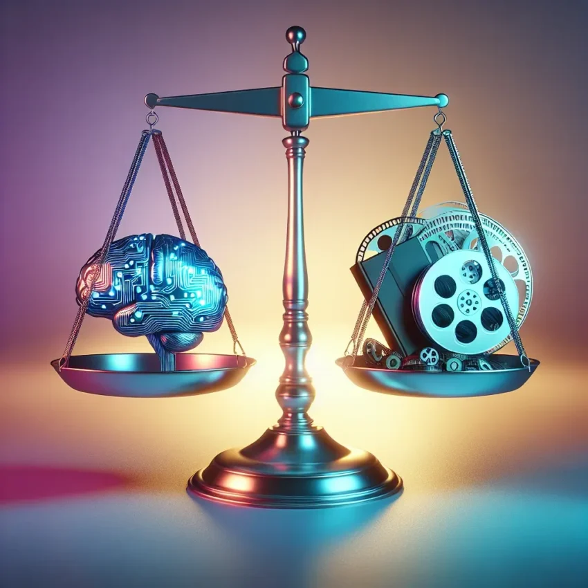 "Illustration depicting the complexities of AI video copyright risks, featuring legal symbols, AI elements, and multimedia icons to highlight foundational problems in content creation and intellectual property."