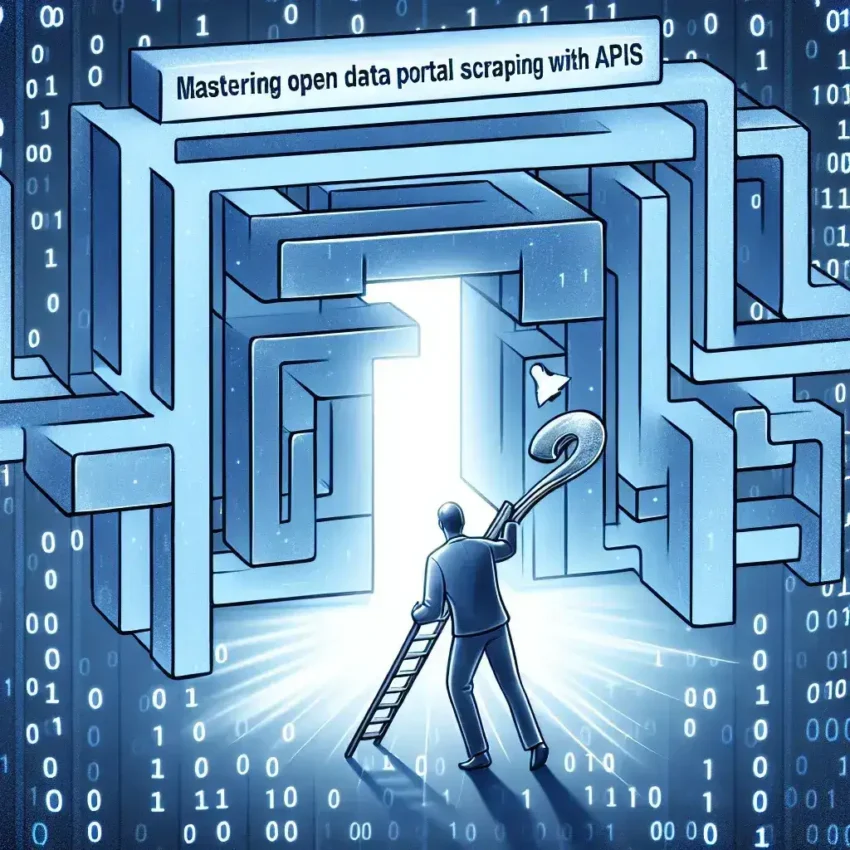 "Data professional using coding techniques to scrape open data portals with APIs, showcasing a computer screen filled with code and data visualizations, illustrating the principles of mastering open data extraction."