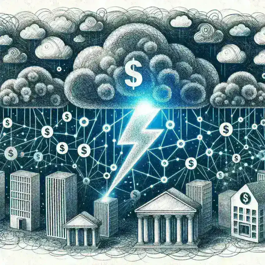 "Cloud service outage impacts banking systems across the nation, showcasing a server room with blinking lights and technicians working to restore services."